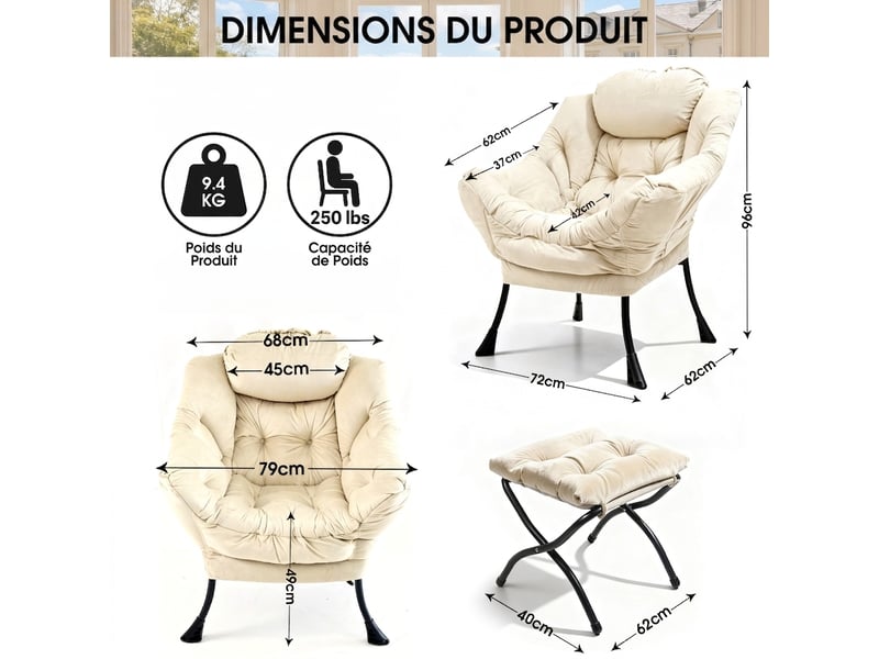  Fauteuil relax avec pouf, accoudoirs, poche latérale et repose-pieds, fauteuil lounge tv en tissu pour salon, chambre et bureau  - Conforama C