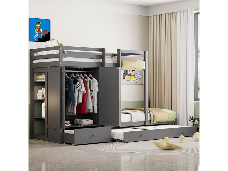  Lit superposé en bois massif 90x200 cm avec lit gigogne, lit enfant avec armoire, tiroirs et compartiment de rangement, gris  - Conforama A