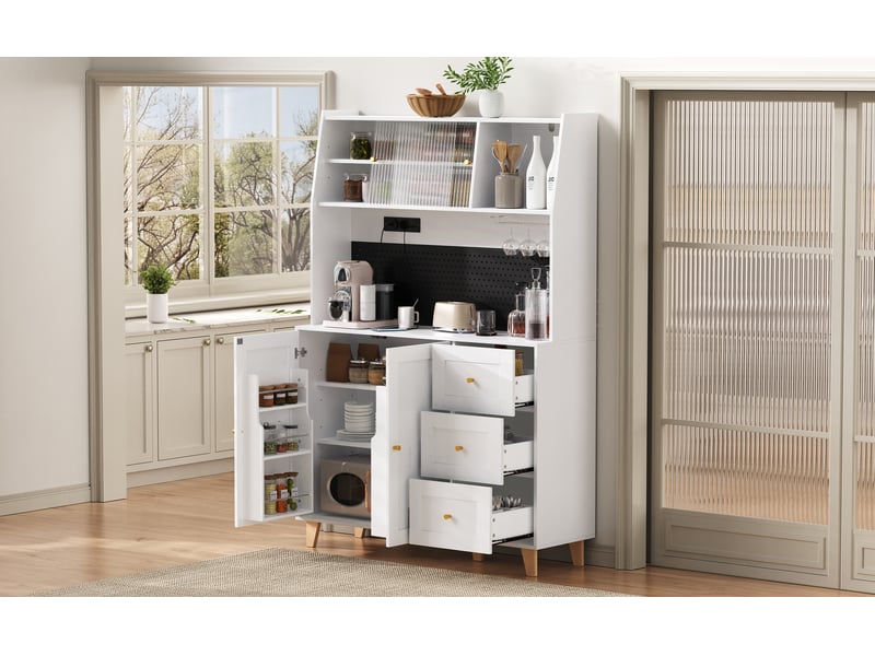  Meuble haut blanc avec prises - panneau perforé, tiroirs - idéal cuisinesalle à manger  - Conforama E