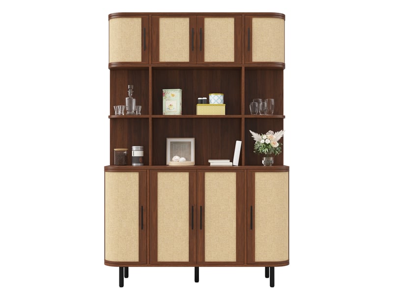  Armoire haute 120 x 20 x 180 cm effet noyer, 8 portes à façades rotin, poignées noires, pieds métal et rangement mdf pour salon et salle à manger  - Conforama E
