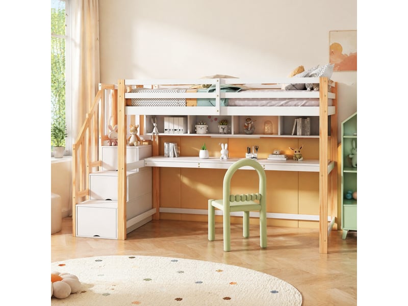 Lit mezzanine enfant 200×90 cm avec escalier de rangement et bureau intégré, en bois massif et mdf, blanc et chêne - Conforama C