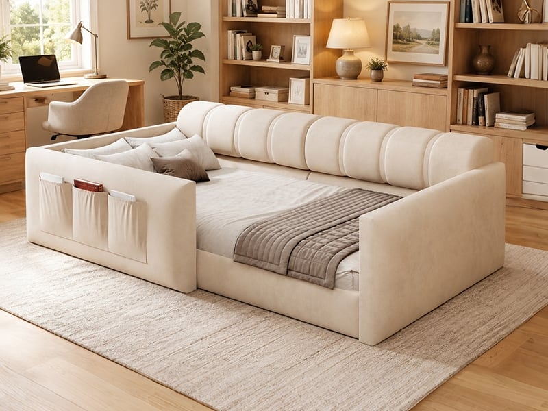  Lit rembourré enfant 90x200cm convertible, avec rangements, tête de lit épaisse, velours beige  - Conforama B