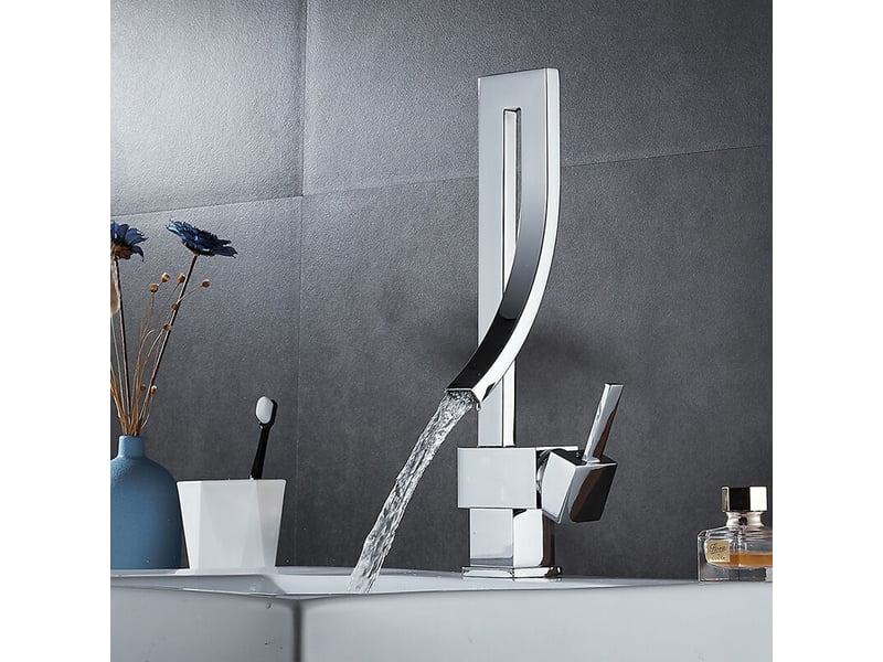  Mitigeur laiton cascade argent, eau chaudefroide. Style moderne simple pour lavabo, cuisine et salle de bain. Design élégant et fonctionnel.  - Conforama E