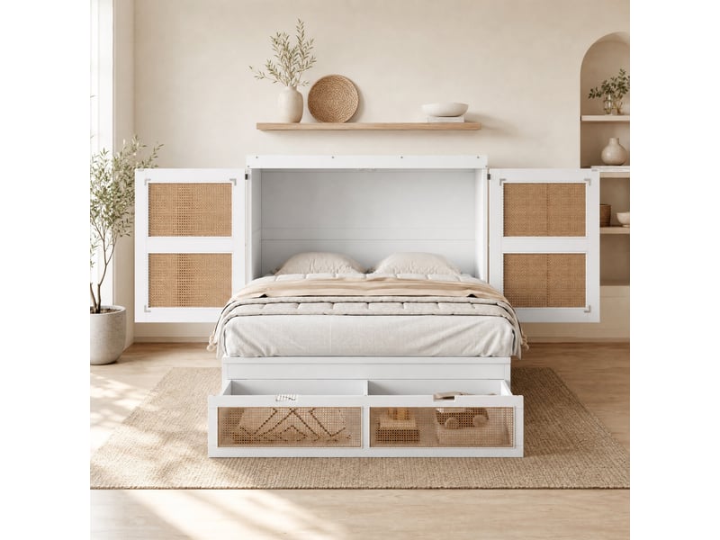  Lit escamotable vertical 140 x 200 cm blanc avec sommier à lattes et tiroirs de rangement  - Conforama D
