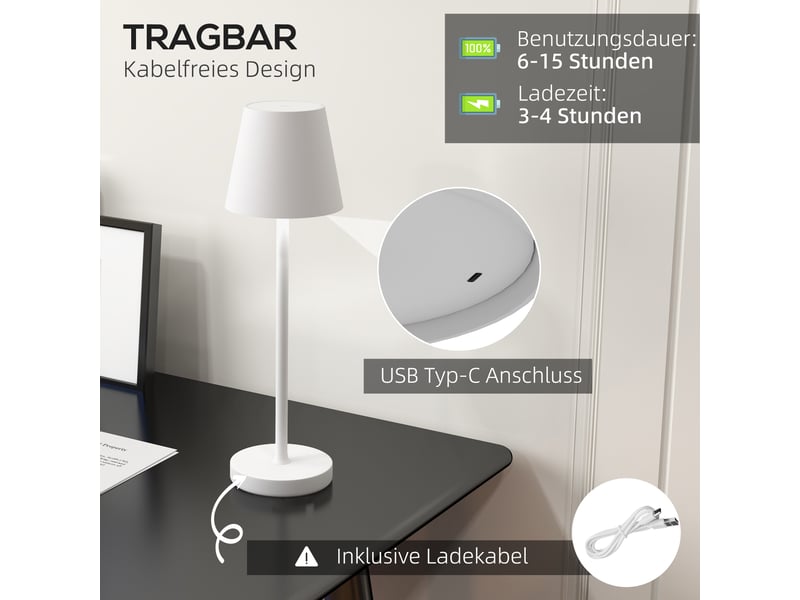  Lampe de table usb rechargeable avec 3 couleurs d'éclairage, lampe de chevet usb portable avec interrupteur tactile, métal, blanc  - Conforama D