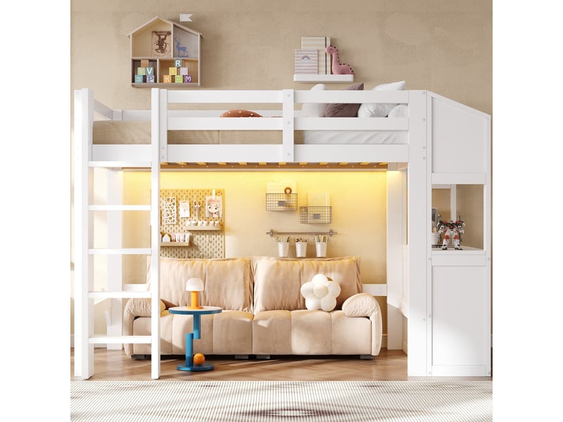  Lit mezzanine 90x200 cm avec 3 tiroirs, étagères et éclairage led blanc  - Conforama D