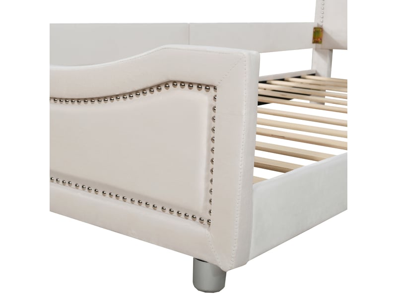  Lit banquette enfant 200×90 cm avec dossier et accoudoir, sommier à 12 lattes, sans matelas, en flanelle beige  - Conforama E