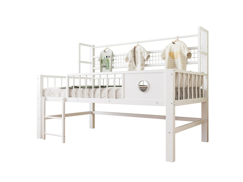  Lit enfant surélevé 90*200 cm en métal avec étagères, barrières de sécurité, rangements, blanc  - Conforama A