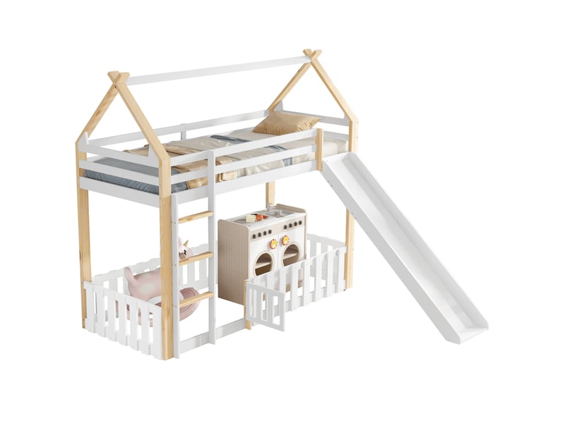  Lit superposé enfant 90x200 cm, toboggan, espace de jeu, toit, 1 sommier, structure mdf, blanc naturel, sans matelas  - Conforama A