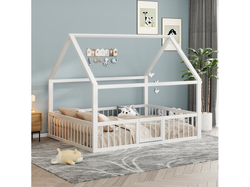  Lit enfant métal 140 x 200 cm robuste sécurisé gain de place design toit garde-corps métal blanc sans matelas  - Conforama R