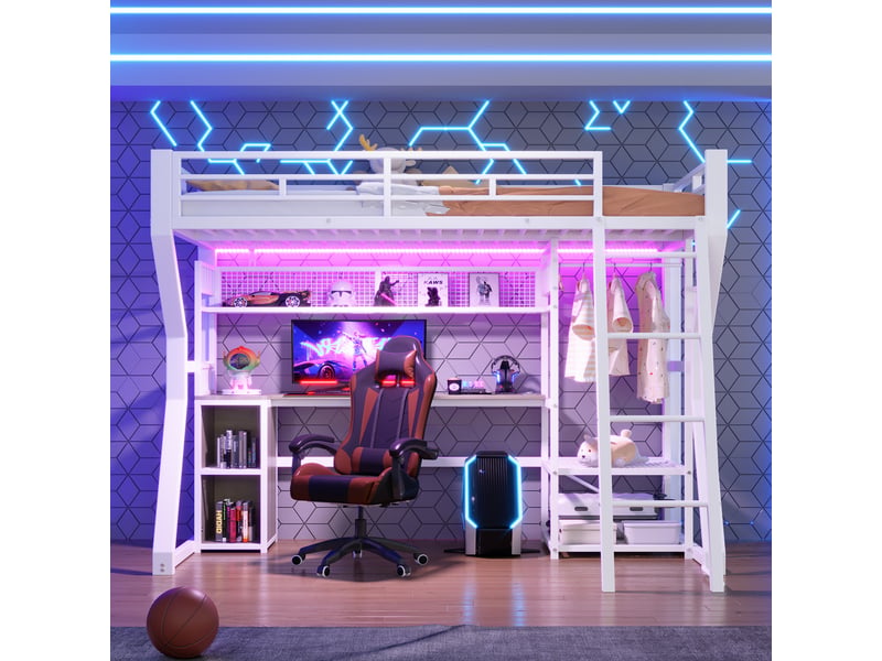  Lit mezzanine 90 × 200 cm 1 place avec bureau, prise, éclairage réglable et étagères, sans matelas, blanc  - Conforama E