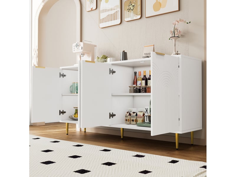 Buffet 4 portes 160x40x80 cm, étagères réglables, mdf et panneaux de particules blancs - Conforama D