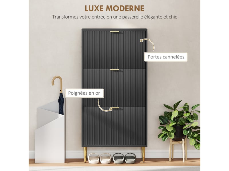  Meuble à chaussures 18 paires avec 3 tiroirs rabattables, portes cannelées et étagères réglables, 60x24x122,5cm, noir  - Conforama E