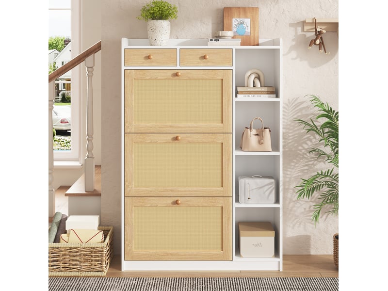  Meuble à chaussures 90x24x130 cm avec 3 abattants, 2 tiroirs blanc et naturel  - Conforama B