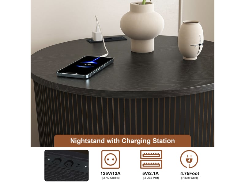  Table de chevet cylindrique avec prise et 2 usb en mdf noir 60x60x60 cm W1198P500705 - Conforama D
