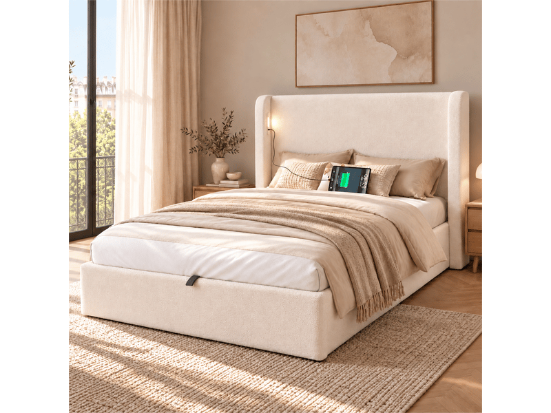 Lit simple 90x200 cm en bouclé beige, tête de lit enveloppante avec ailes rembourrées, lumière de nuit et ports usb et usb-c, sommier inclus  - Conforama B