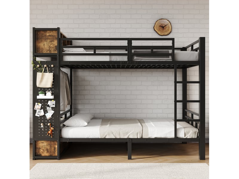  Lit superposé 120x200 cm, penderie, tiroir, panneau perforé, métal et bois, noir et noyer foncé, sans matelas  - Conforama D
