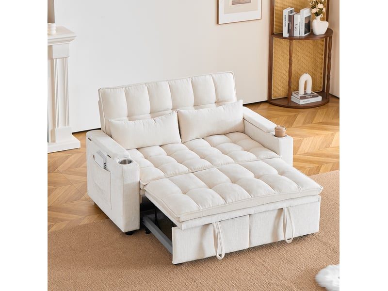 Canapé droit convertible 2 places 3-en-1 beige en velours côtelé, rangement et porte-gobelets intégrés - Conforama E