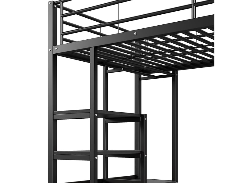  Lit mezzanine enfant 200×90 cm avec bureau, rangements, prise et port usb, sans matelas, en métal et mdf noir  - Conforama E