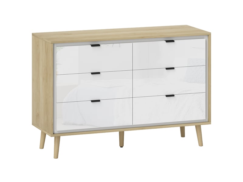  Commode 6 tiroirs, meuble de rangement à haute brillance, 5 pieds en bois, 110 x 40 x 75 cm, blanc et chêne  - Conforama B