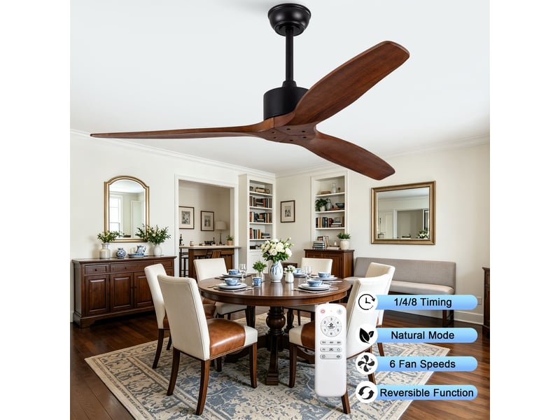  Ventilateur de plafond 132 cm sans éclairage 3 pales bois massif noyer et noir réversible 6 vitesses télécommande  - Conforama C