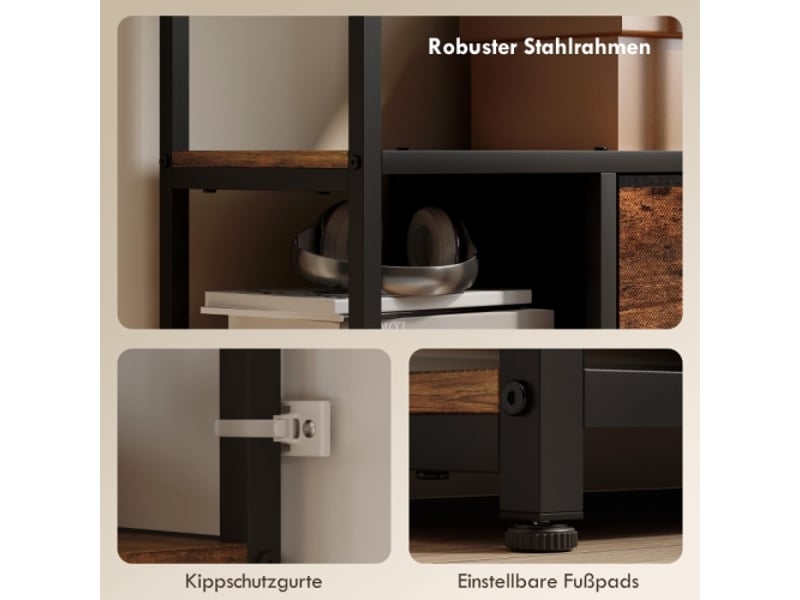  Étagère de rangement 9 compartiments, 2 tiroirs en tissu, cadre en acier, marron et noir  - Conforama E
