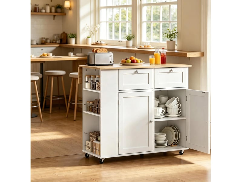 Îlot de cuisine modenvie mobile à plateau rabattable 101 x 62 x 86 cm blanc et chêne clair - Conforama E