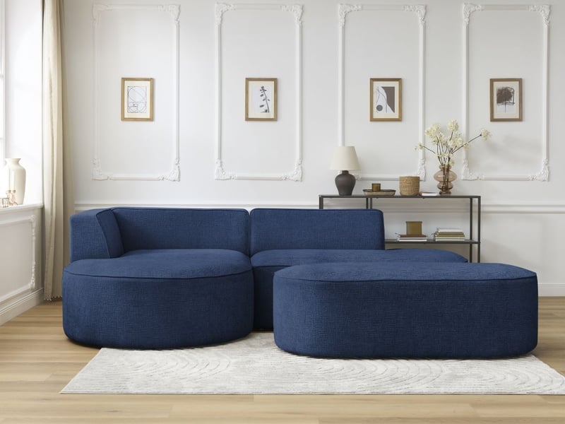  Bobochic canapé d'angle fixe rousseau tissu texturé avec pouf bleu foncé  angle gauche ROUSSEAU - Conforama D