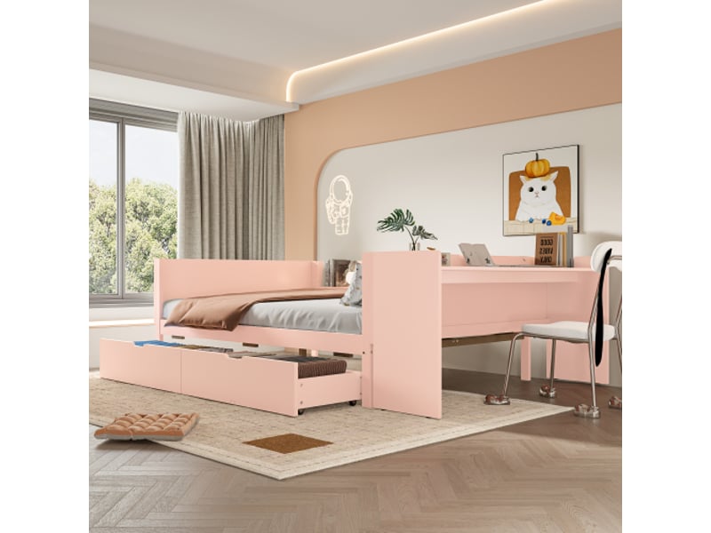  Lit plateforme rose en pin 140x200 cm - bureau intégré, 2 tiroirs, étagères, panneaux de particules - sans matelas  - Conforama E