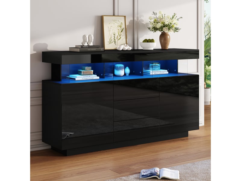Buffet 3 tiroirs et 2 portes coulissantes led pour salle à manger en panneaux de particules 140×35×80 cm noir - Conforama B