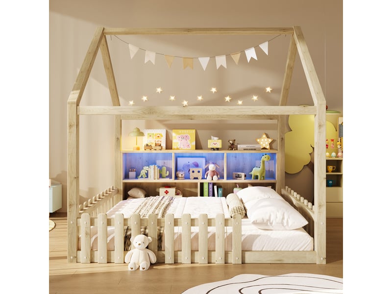  Lit cabane enfant 140x190 cm naturel en pin, avec barrières, led et rangements ouverts, sans matelas  - Conforama B