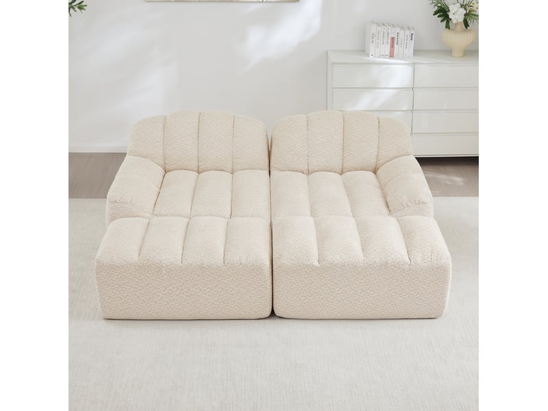  Canapé modulaire 2 places avec 2 ottomans en fleece granulé beige et blanc - 210 x 165 x 79 cm  - Conforama D