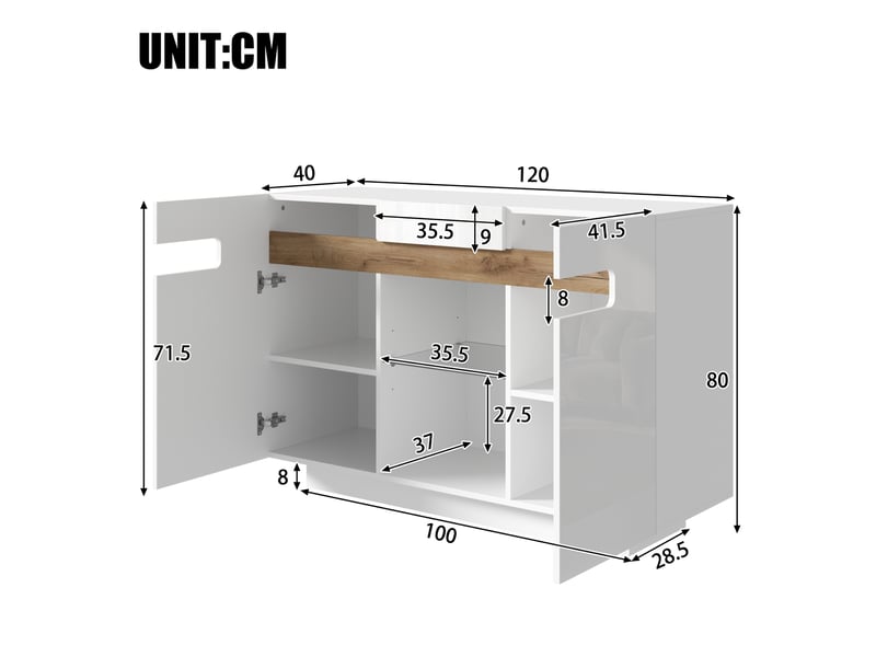  Buffet led blanc et bois 120 cm façades brillantes avec étagères en verre  - Conforama C