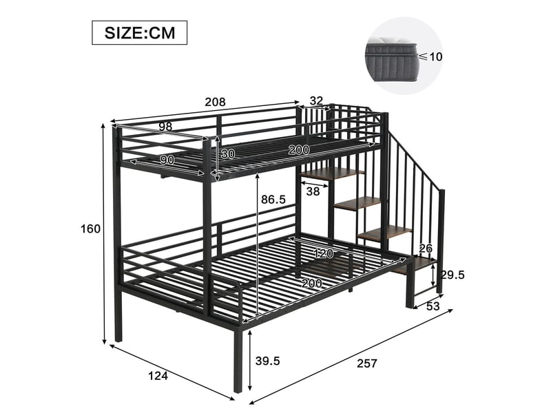  Lit superposé 90x200120x200cm avec escalier rangement - lit 2 places - métal noir et bois vintage, sécurité en747  - Conforama C