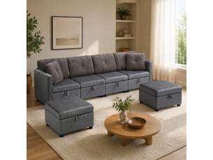 Canapé modulable 6 places avec rangement, convertible u en l, velours et cordon gris evryae