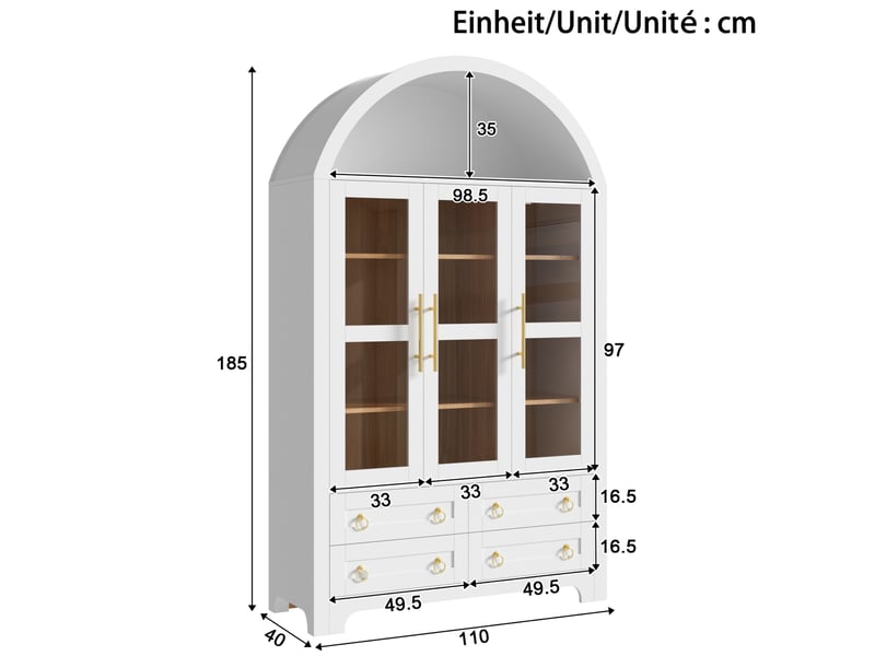  Buffet de rangement 110 x 40 x 185 cm blanc en mdf et panneaux de particules, 3 portes vitrées et 4 tiroirs  - Conforama C
