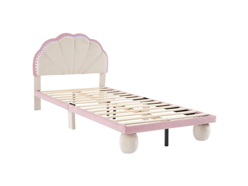 Lit capitonné enfant 90x200 cm, led multicolores, tête ondulée, pieds ronds rembourrés, lattes bois, sans matelas, velours beige et rose - Conforama W