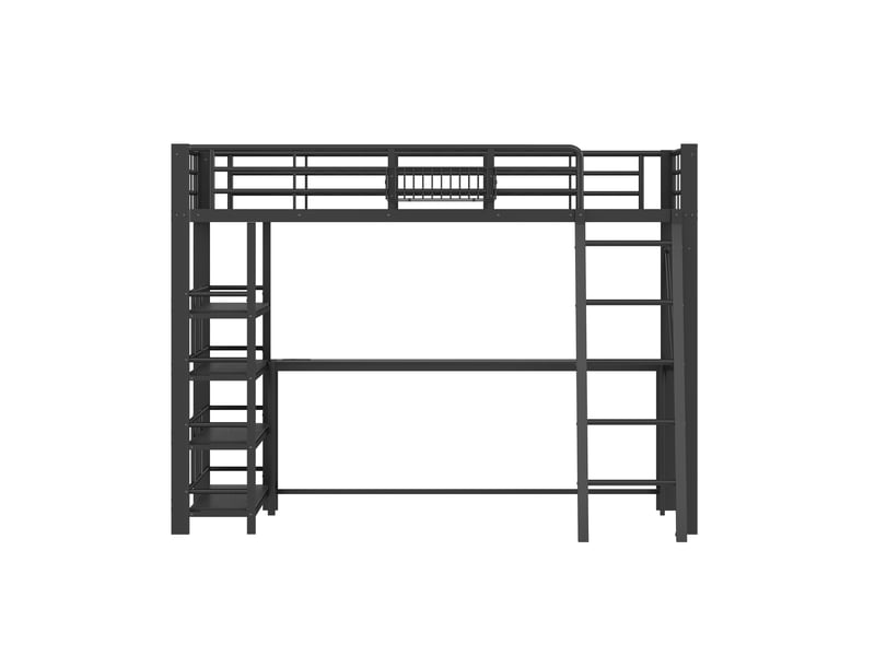 Lit mezzanine 140x200 cm noir, avec bureau, rangements, panier, étagères, led, usb, structure métal, sommier inclus, sans matelas - Conforama E
