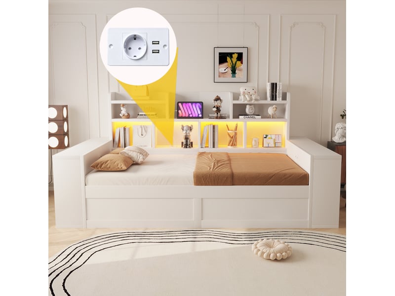 Canapé-lit tcqpz 90 x 200 cm avec rangement hydraulique led prises bois blanc - Conforama B
