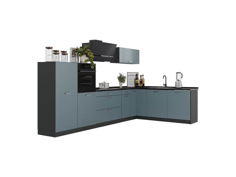 Vicco cuisine en angle, bleu-grisanthracite, 347 x cm plan de travail chêne doré - Conforama E