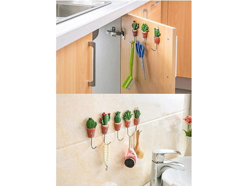  Lot de 5 crochets muraux adhésifs design cactus, décoration de cuisine et maison sans perçage, accroche légère esthétique et pratique pour clés, rouge  - Conforama B