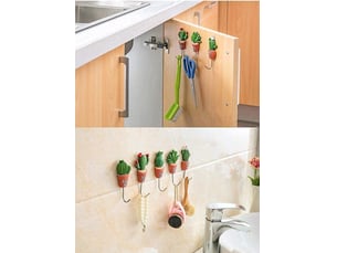 Lot de 5 crochets muraux adhésifs design cactus, décoration de cuisine et maison sans perçage, accroche légère esthétique et pratique pour clés, rouge