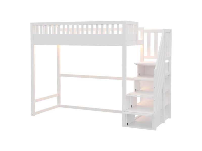 Lit mezzanine en pin massif 90x200 cm échelle sécurité barrières led échelles interchangeables deux côtés lit enfant blanc  - Conforama E