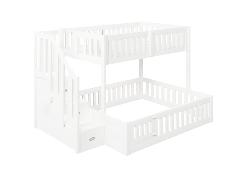  Lit superposé 3 places 90 x 200 et 140 x 200 cm avec escalier de rangement, lit enfant en pin blanc avec garde-corps et petite porte  - Conforama E