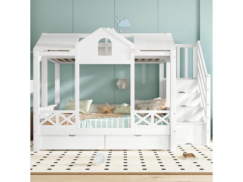  Lit superposé enfant 90x200 et 140x200 cm, lit cabane avec escalier de rangement et 2 tiroirs, en bois de pin et mdf, blanc  - Conforama C