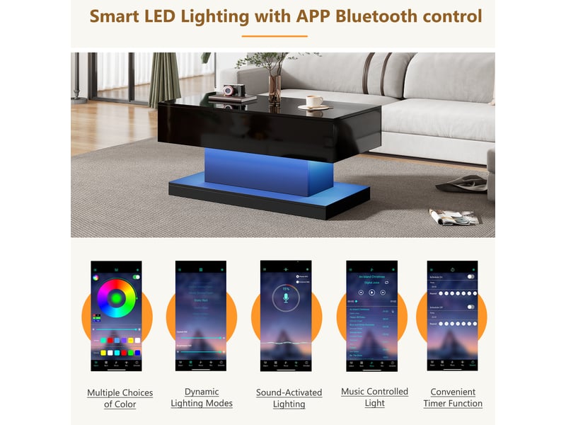  Table basse relevable avec plateau coulissant et led pour salon 100×50×45 cm en panneaux de particules noir  - Conforama C