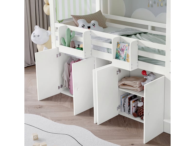 Lit mezzanine lit simple avec escalier à 3 placards, armoire, toit et barrières, 90x200 cm, sans matelas - Conforama E