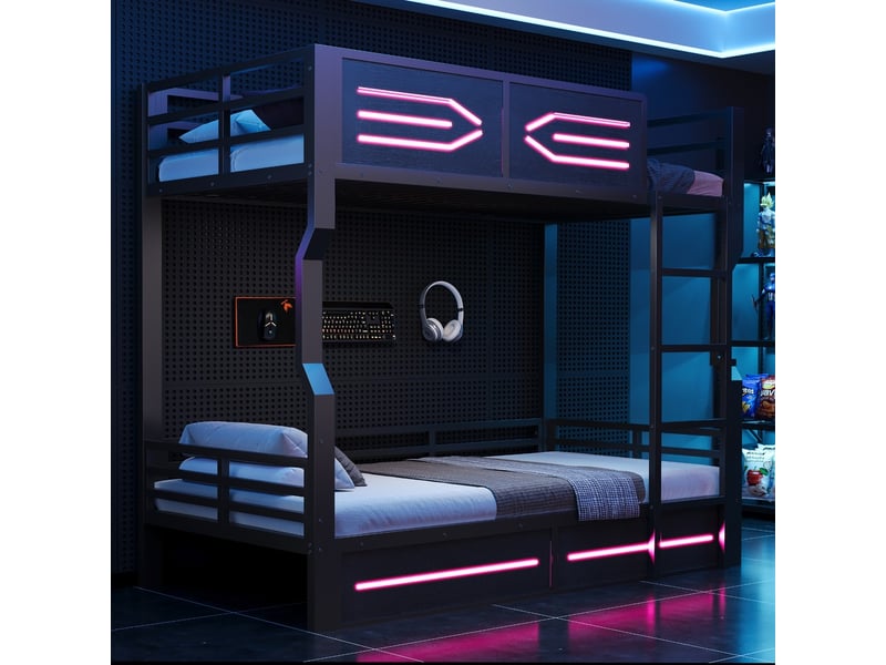 Lit superposé fer 90x200 cm led design épuré barrières hautes adolescent mezzanine noir  - Conforama B