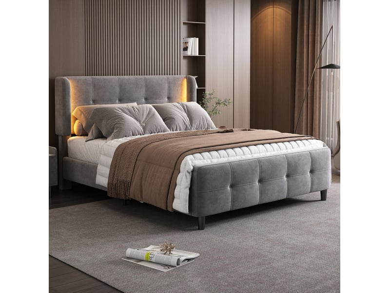 Lit 2 places 140x200cm, tête de lit réglable, sommier, éclairage avec éclairage led, velours gris, sans matelas - Conforama D