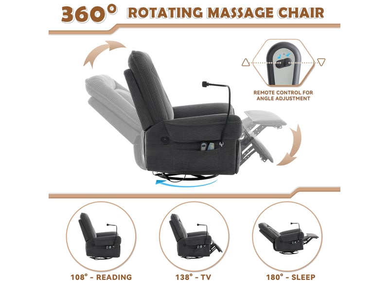  Fauteuil relax électrique massant, fauteuil pivotant 360° avec fonction chaleur et vibration, repose-pieds inclinable, port usb, tissu côtelé gris  - Conforama E